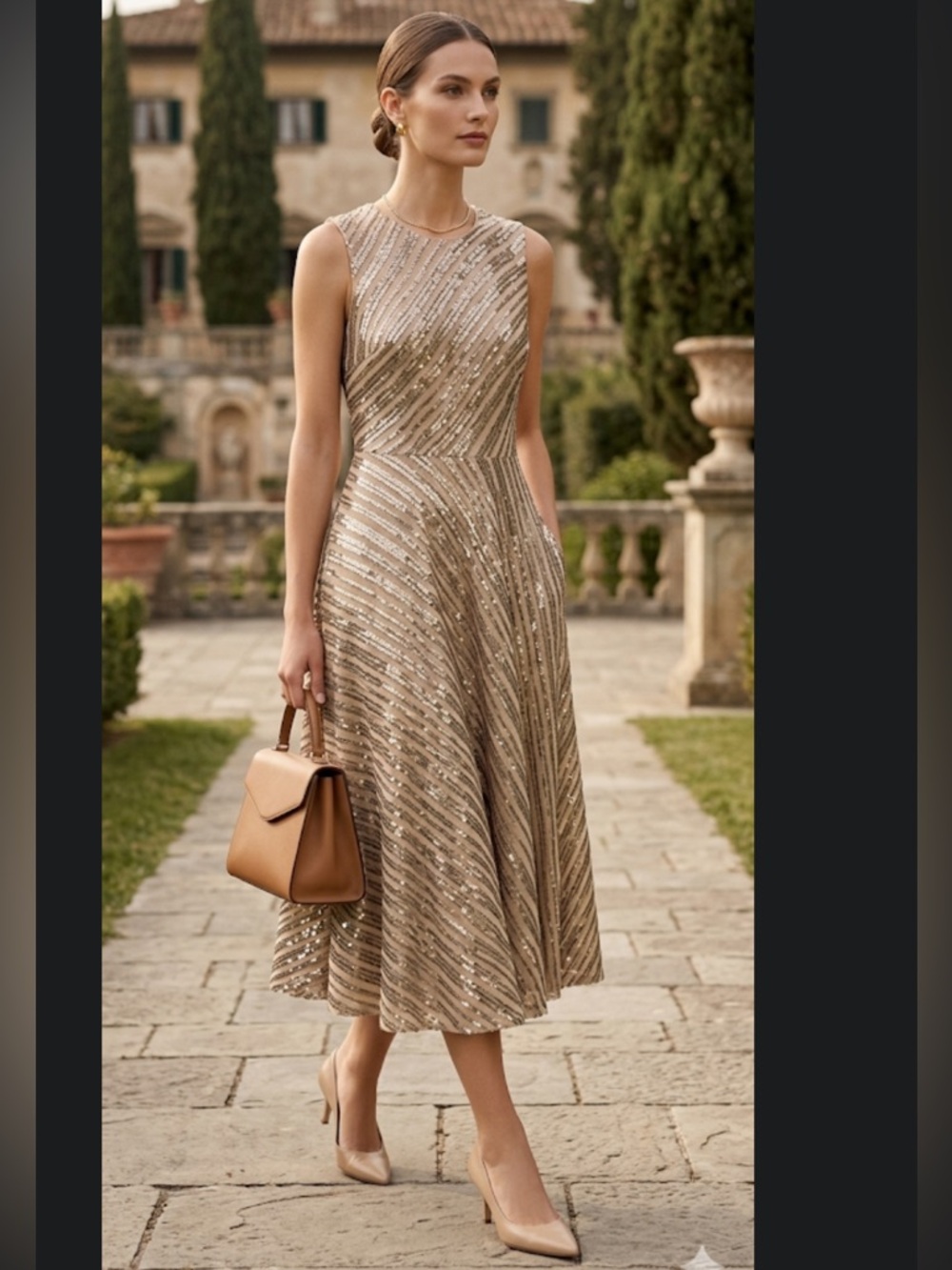 NWT Calvin Klein Champagne Black Sequin Diagonal Stripe Midi Dress Size 6